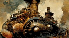 Steam Locomotive With Steampunk, Giant Steam Train On Blurred Background