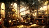 Fototapeta Londyn - Steampunk machine room, Space full of complex machines and detailed objects on Blurred background