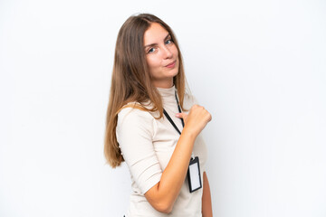 Wall Mural - Young pretty woman with ID card isolated on white background proud and self-satisfied