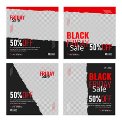 Product promotional black Friday social media post template bundle with discount text and brand materials in black and red design.