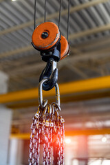 Wall Mural - Steel industrial crane equipment. Huge factory metal hooks.