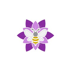 Sticker - Bee on flower icon. Flower and honey bee logo isolated on white background