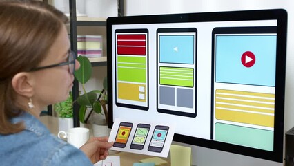 Website developer. A woman designer is working on sketches of mobile applications for smartphones using a computer. User interface design.