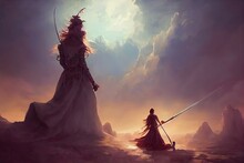 Large Image Of A Woman Standing Over A Woman With A Spear In The Dark Under A Cloudy Sky 3d Illustration