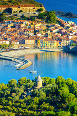 Landscape of Collioure city with harbor and sea in France