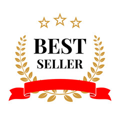 Wall Mural - best seller golden laurel wreath with star, red ribbon and black text. vector quality badge, emblem,