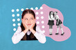 Creative photo illustration collage of young sad schoolgirl look at two gossip friends classmates isolated on blue color background