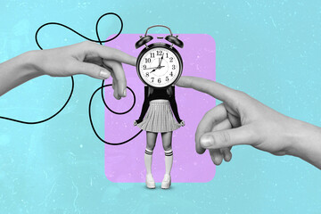 Canvas Print - Composite collage picture of two big arms black white gamma point finger touch mini girl ring bell clock instead head isolated on drawing background