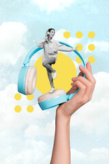 Poster - Vertical creative photo illustration collage of young beautiful black white girl dancing on headphones hand hold sky clouds on background