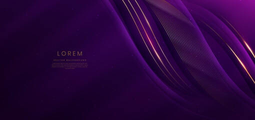 Luxury curve golden lines on dark purple  background with lighting effect copy space for text. Luxury design style.