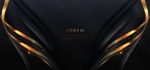 Luxury curve golden lines ribbon on black background with lighting effect copy space for text. Luxury design style.