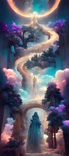 Gate To The Other World In The Enchanted Forest, Fairy World, Mysterious Forest, Fantasy, Magical Place, Colorful  With Rose And Blue Clouds 