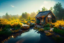 Painting Style Digital Art Of Spectacular Cottage In Forest 3D Illustration
