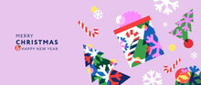 Merry Christmas And Happy New Year Banner. Trendy Modern Xmas Design With Overlay Elements, Gift, Candy Cane, Snowflake, Christmas Tree. Horizontal Poster, Greeting Card, Sale Banner For Website