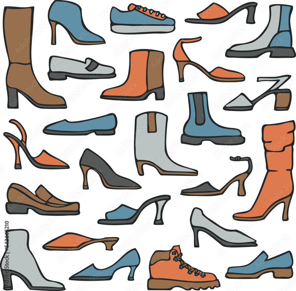 Vector illustration with collection of women's shoes. Hand drawn ladies ...