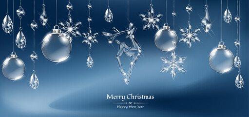 Wall Mural - Vector realistic transparent Christmas crystal deer and decoration on abstract background. Glass sparkling translucent crystals