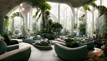 Futuristic indoor botanical garden spectacular design 3D illustration with summer floral and foliage