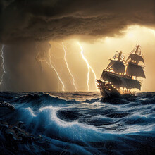 A Fantasy Sailing Ship Sail On Stormy Ocean, With Big Waves Splashing Water And Thunder Lights In Background. Spectacular Digital Art 3D Illustration Of Medieval Ship Rushing Through Dangerous Storm.