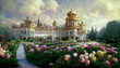 Victorian-style royal palace that looks like it was from a fairy tale. Spectacular fantasy luxury and majestic palace with beautiful garden of blossoms plants and flower. Digital art 3D illustration.