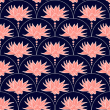 Floral Seamless Pattern With Pink Lotus Flower. Botanical Fabric Print Template. Vector Illustration With Blue Line Art Flowers In A Row. Venetian Or Damasc Wallpaper Design.