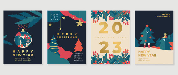 Set of happy new year 2023 and merry christmas concept background. Elements of decorative bauble, pine leaves, golden star, smile christmas tree, holly. Art design for card, poster, cover, banner.