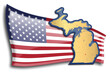 U.S. states - map of Michigan against an American flag. Rivers and lakes are shown on the map. American Flag and State Map can be used separately and easily editable.