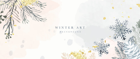 Wall Mural - Watercolor winter botanical leaves background vector illustration. Hand drawn winter leaf branches, snowflakes with gold brush stroke texture. Design for print, banner, poster, wallpaper, decoration.