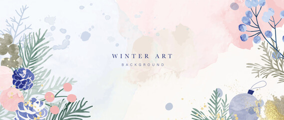 Wall Mural - Watercolor winter botanical leaves background vector illustration. Hand drawn winter leaf branch, pine, bauble with gold brush stroke texture. Design for print, banner, poster, wallpaper, decoration.