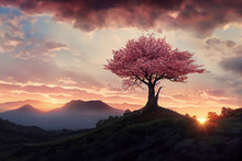 Sunset In The Mountains With Cherry Trees