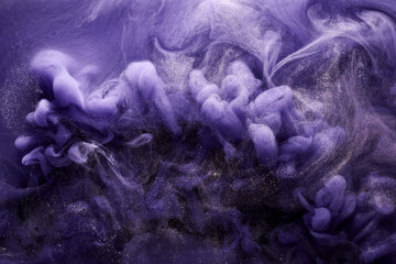 Wall Mural - Lilac sparkling abstract background, luxury gold smoke, acrylic paint underwater explosion, cosmic swirling ink