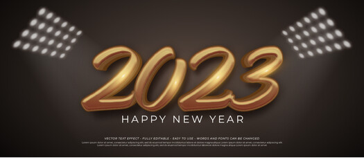 Editable text number 2023 happy new year with rear spotlight background