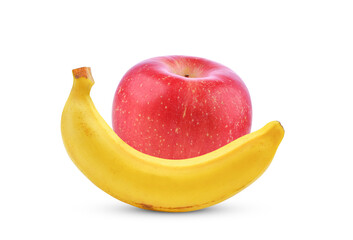 Red apple and banana isolated on white background.