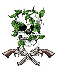 Wall Mural - Skull in ivy with pistols hand drawn illustration. Tattoo vintage print. Skull hand drawn print. Tattoo design.