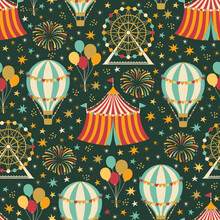 Circus Theme Pattern. Seamless Pattern With Vintage Carnival Elements. Vector Illustration.