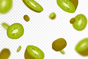 Wall Mural - Kiwi background. Flying whole and half of kiwi fruit, seamless pattern with defocused blur effect. Can be used for wallpaper, banner, poster, print, fabric, wrapping paper. Vector flat design