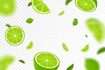 Wall Mural - Flying fresh limes and lime slices background, seamless pattern with defocused blur effect. Can be used for wallpaper, banner, poster, print, fabric, wrapping paper. Vector flat design