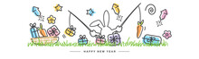 Happy New Year 2023 Handwritten Bunny Fisherman, Firework, Christmas Gift Boxes, Flowers, Grass, Carrot And Basket On White Isolated Background Drawing In Line Design