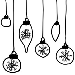 Wall Mural - Rough hand-drawn childlike doodle of row of christmas toys with snowflakes. Simple vector black and white outline illustration isolated on transparent background