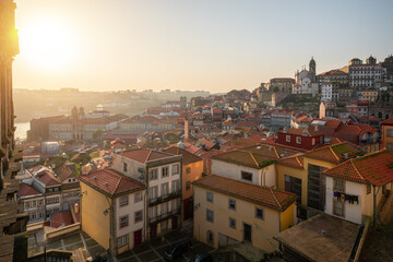 Sticker - Aerial view of Ribeira and Baixa at Sunset with Church of Nossa Senhora da Vitoria and Stock Exchange Palace - Porto, Portugal