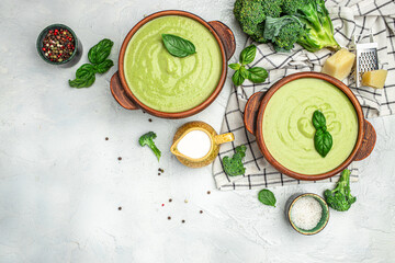 Wall Mural - Traditional recipe of broccoli cheese soup with vegetables in a bowl, Restaurant menu, dieting, cookbook recipe top view