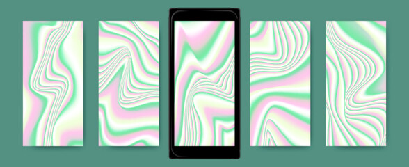 Wall Mural - Multicolor Hologram Screensaver. Abstract Vibrant Templates for Mobile. Mesh Liquid Textures. Holographic Wallpapers. Neon Fluid Background. Vector Gradient Waves. Bright Holography Set.