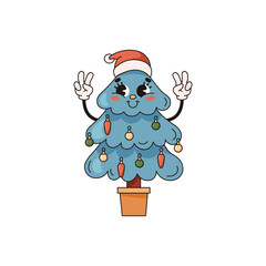 Christmas blue tree with happy smiling face, isolated on white background. Peace symbol, hand gesture. Groovy retro Christmas vector illustration. Holly jolly vibes. Trendy cartoon style.