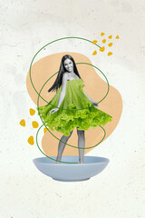 Sticker - Banner collage image of lovely fit girl have healthy lifestyle eating habits stand bowl in lettuce leaf skirt wear