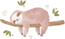 Cute Pink Sloth Watercolor Illustration. Sleeping Baby Sloth. Cartoon Sloth Clipart
