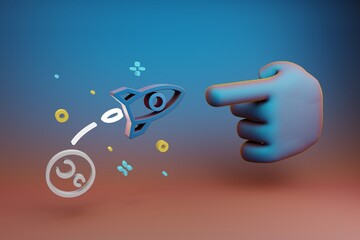 Poster - Beautiful illustrations abstract Hand index finger points to Rocket Launch symbol icon on a multicolor bright background. 3d rendering illustration. Background pattern for design. Space exploration.