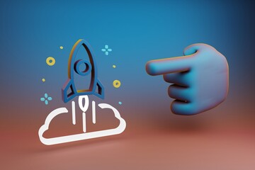 Poster - Beautiful illustrations abstract Hand index finger points to Rocket Launch and start symbol icon on a multicolor bright background. 3d rendering illustration. Background pattern for design. 