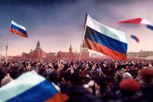 Generic Unrecognizable Crowds Cheering Or Demonstrating With Waving Russian Flags In Red Square Of Moscow. Digitally Generated Rendering With Manual Matte Painting