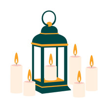 Antique Green Lamp With A Lot Of Lit Candles On A White Background. Romantic And Religious Illustration For A Postcard. Vector.