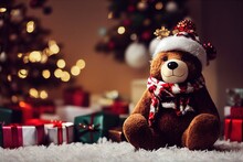 A Teddy Bear Wearing Christmas Clothes With Presents  And A Blurred Christmas Tree In The Background