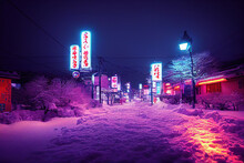 Snowy Tokyo Streets At Night With Purple Neon Lights At Winter Christmas, Abstract